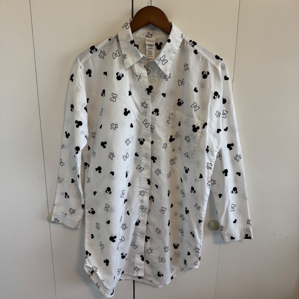 Disney Mickey Minnie Mouse Sleep Shirt White Cotton Button Down Medium